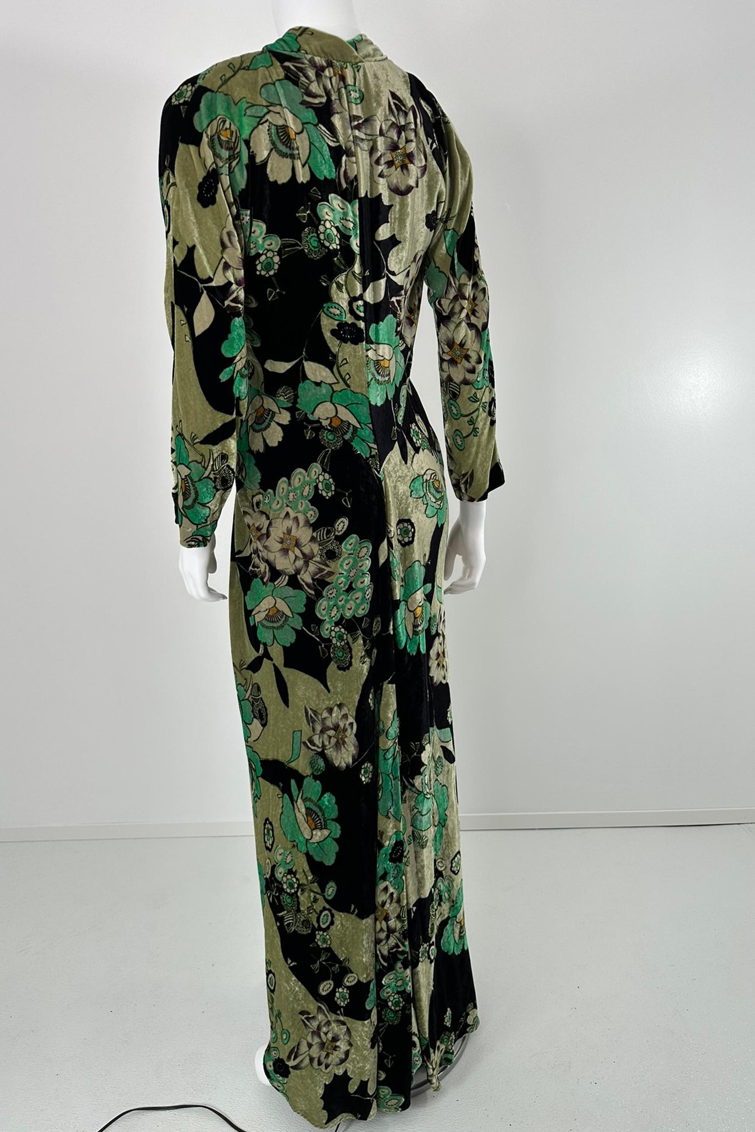 Etro - Velluto Panne Stampato con fiori muti - Vestito Maxi con scollo a V e vita a cravatta 44 in vendita 3