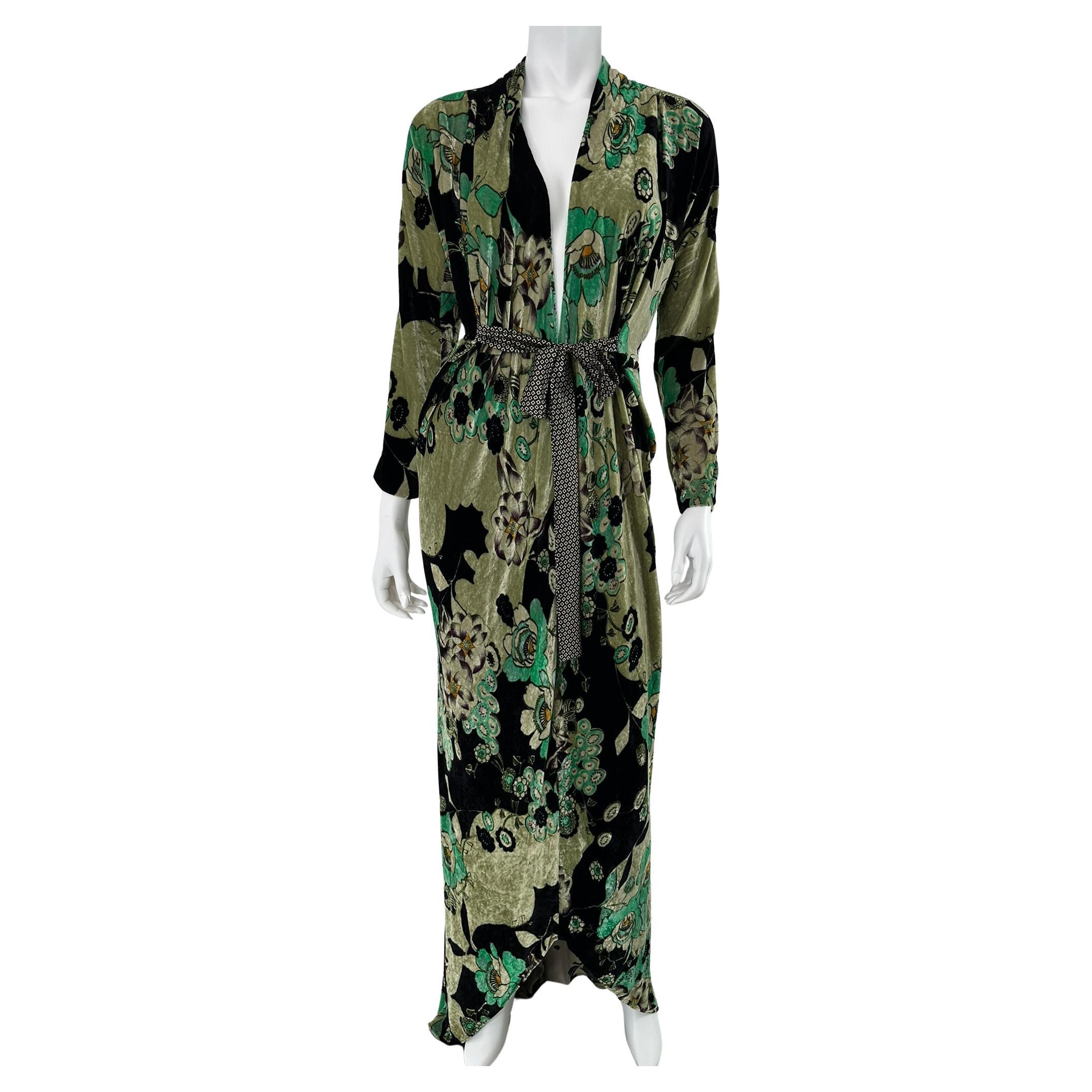 Etro - Velluto Panne Stampato con fiori muti - Vestito Maxi con scollo a V e vita a cravatta 44 in vendita