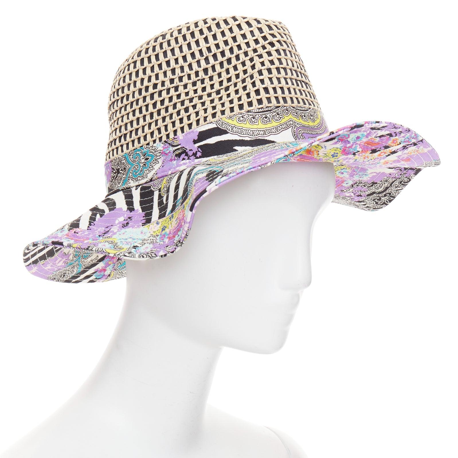 Gris ETRO - Chapeau à capeline en coton mélangé violet imprimé paisley en raphia beige S en vente