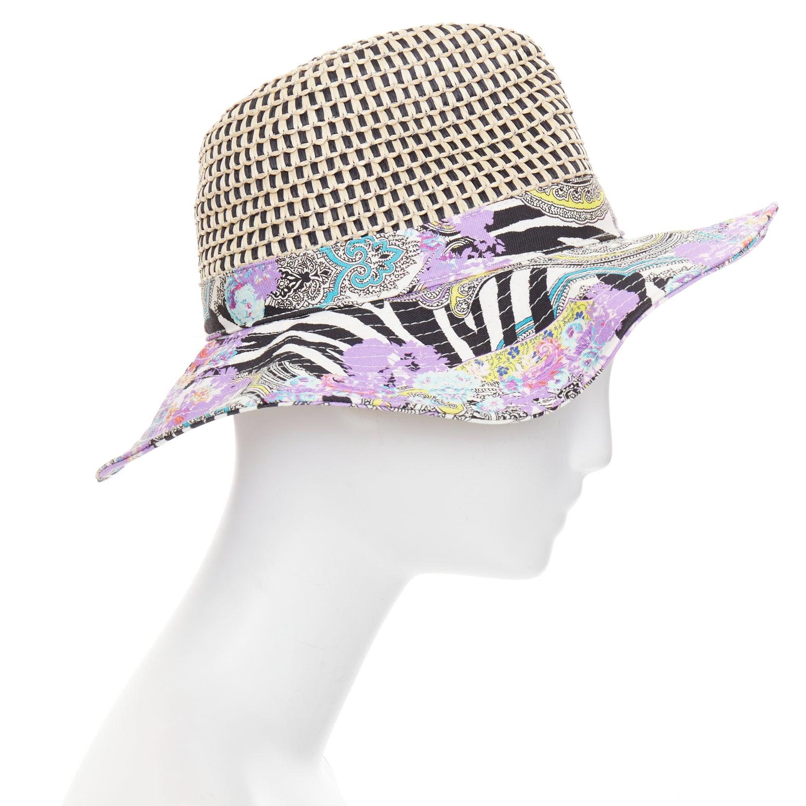 ETRO - Chapeau à capeline en coton mélangé violet imprimé paisley en raphia beige S Neuf - En vente à Hong Kong, NT