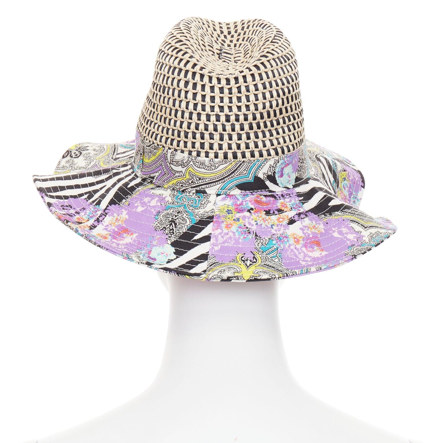ETRO - Chapeau à capeline en coton mélangé violet imprimé paisley en raphia beige S Pour femmes en vente