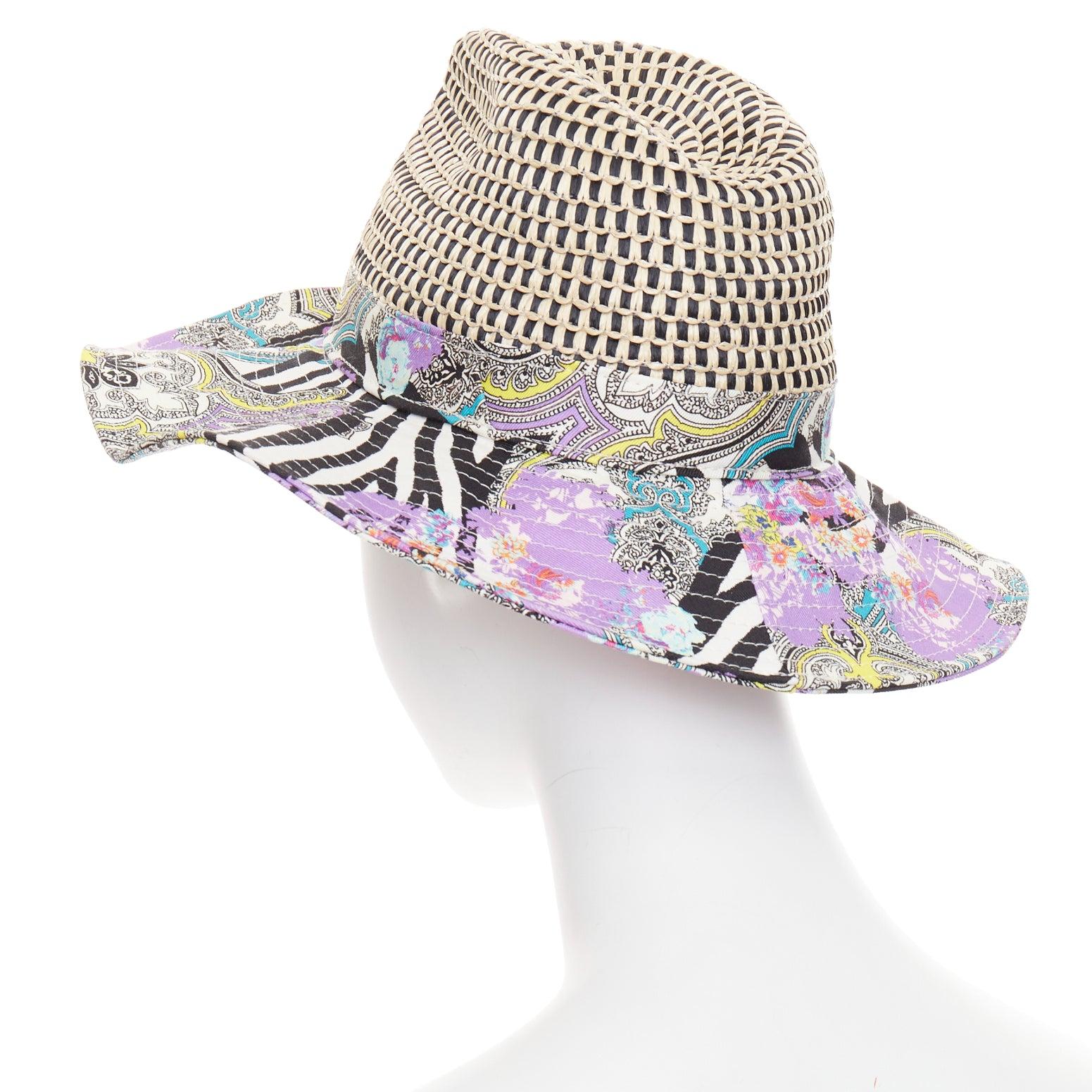 ETRO - Chapeau à capeline en coton mélangé violet imprimé paisley en raphia beige S en vente 1