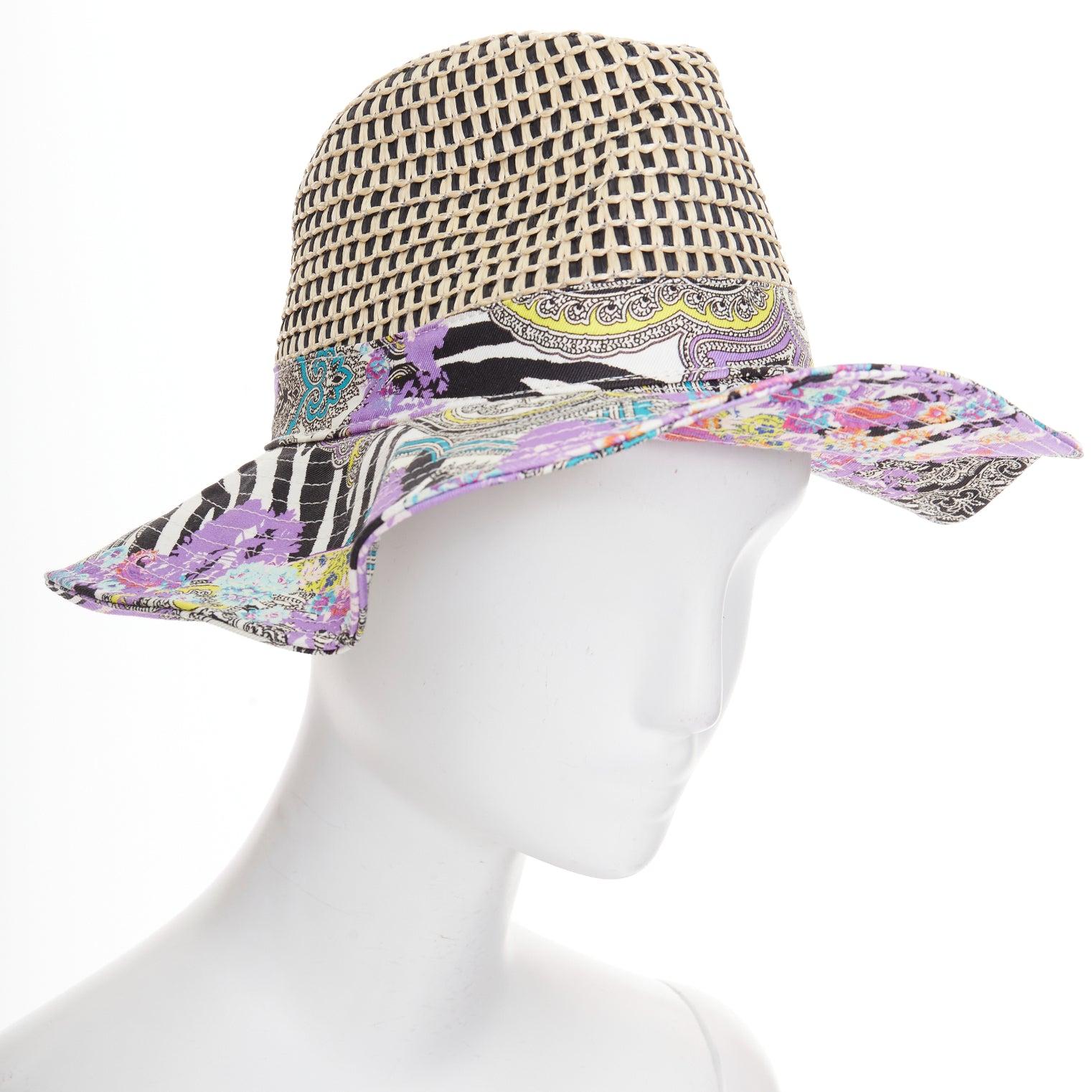 ETRO - Chapeau à capeline en coton mélangé violet imprimé paisley en raphia beige S en vente 2