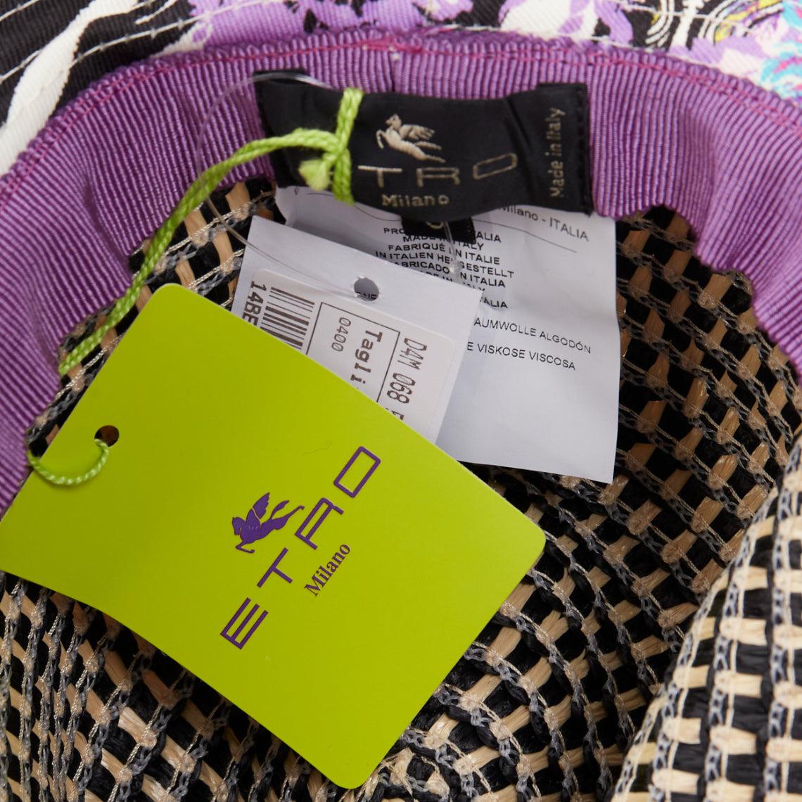 ETRO - Chapeau à capeline en coton mélangé violet imprimé paisley en raphia beige S en vente 3