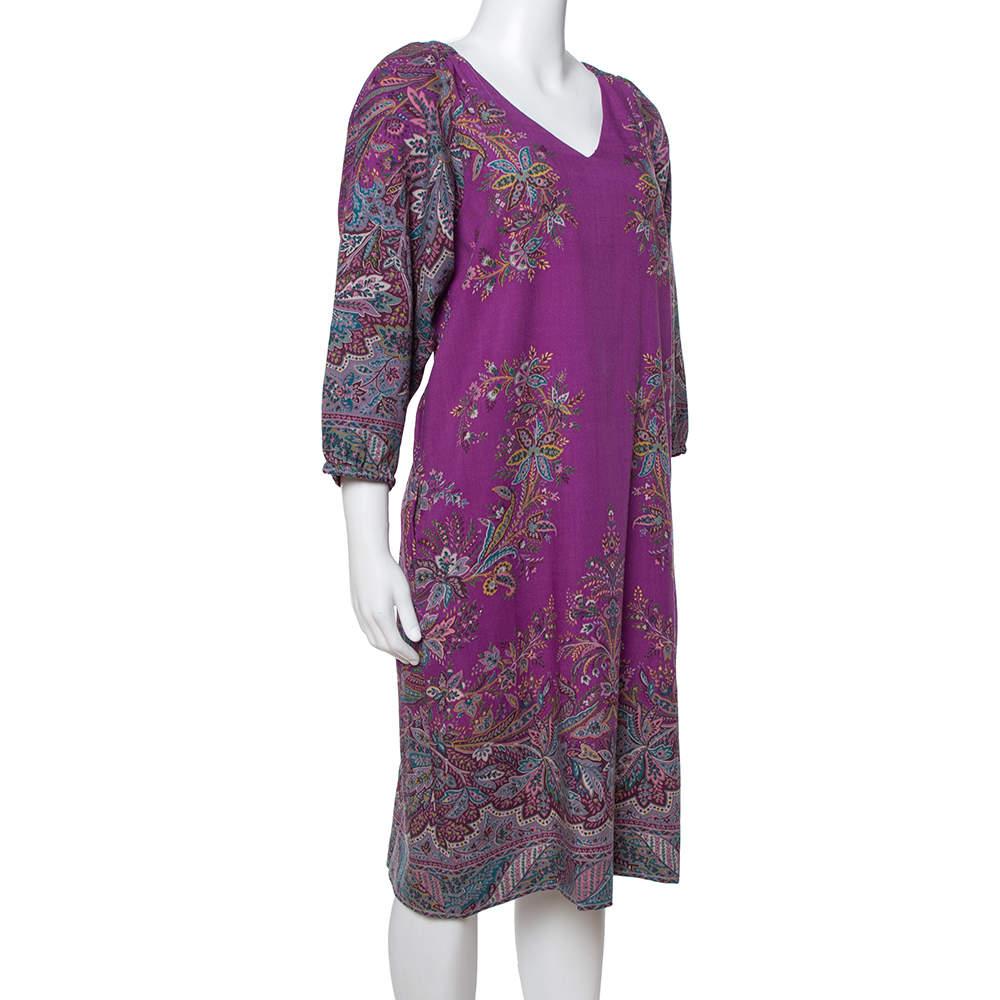 Etro Purple Floral Print Wool Shift Dress M In Good Condition For Sale In Dubai, Al Qouz 2