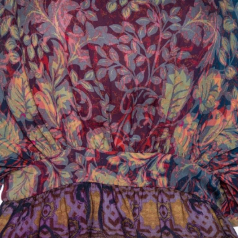 Gray Etro Purple Leaf Print Silk Chiffon Peplum Blouse S For Sale
