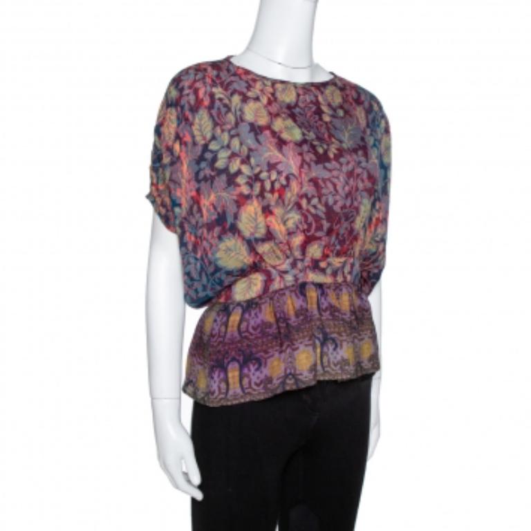 Etro Purple Leaf Print Silk Chiffon Peplum Blouse S For Sale 1