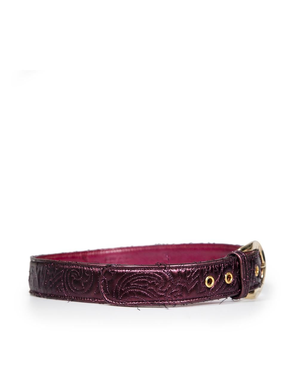 CONDITION is Very good. Minimal wear to belt is evident. Minimal wear to the edges with fraying threads on this used Etro designer resale item.
 
 
 
 Details
 
 
 Purple
 
 Leather
 
 Waist belt
 
 Metallic accent
 
 Abstract quilted accent
 
 Gold