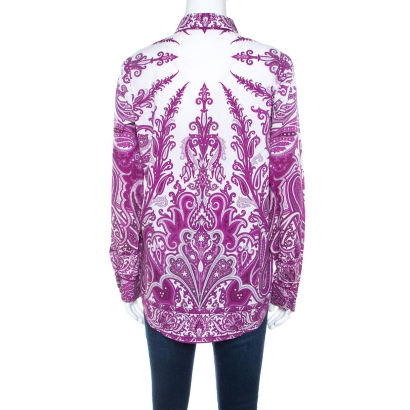 With a paisley print that's loaded with bohemian appeal, this purple shirt by Etro is perfect for the spring season. The collared neckline with long cuffed sleeves makes it versatile. Team with a pair of jeans or casual shorts.

Includes: The Luxury