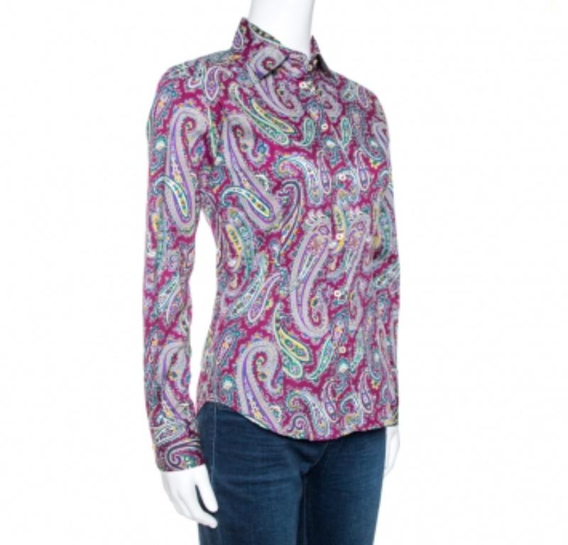 Etro - Camicia a maniche lunghe in cotone elasticizzato con stampa Paisley viola S in vendita 1
