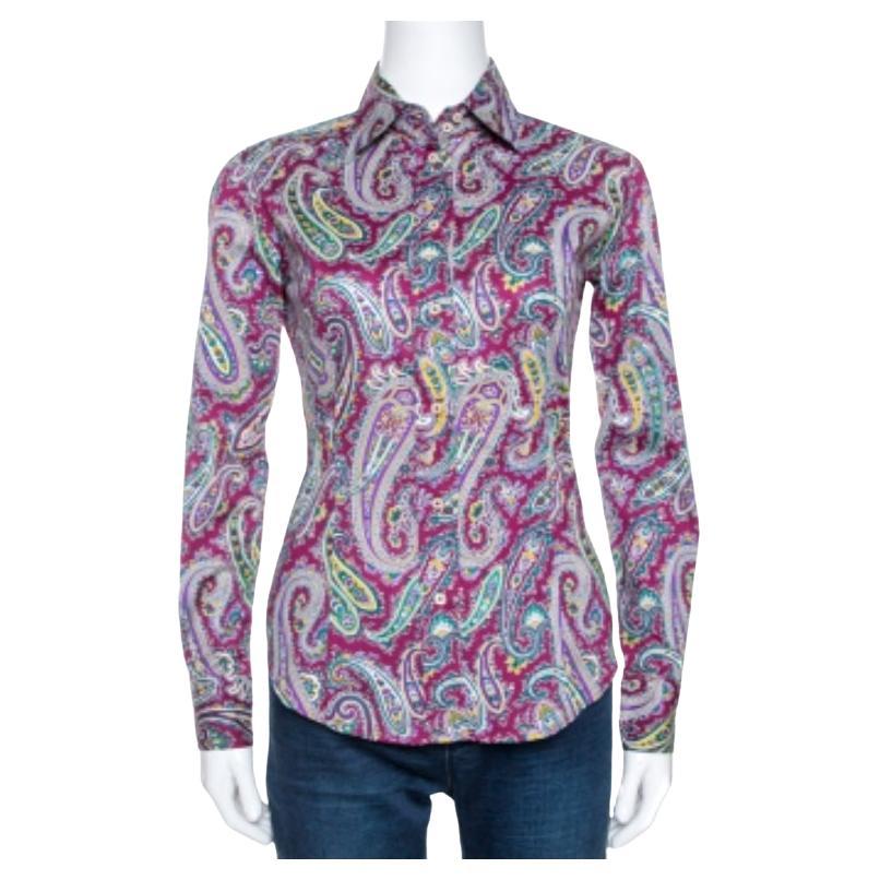 Etro - Camicia a maniche lunghe in cotone elasticizzato con stampa Paisley viola S