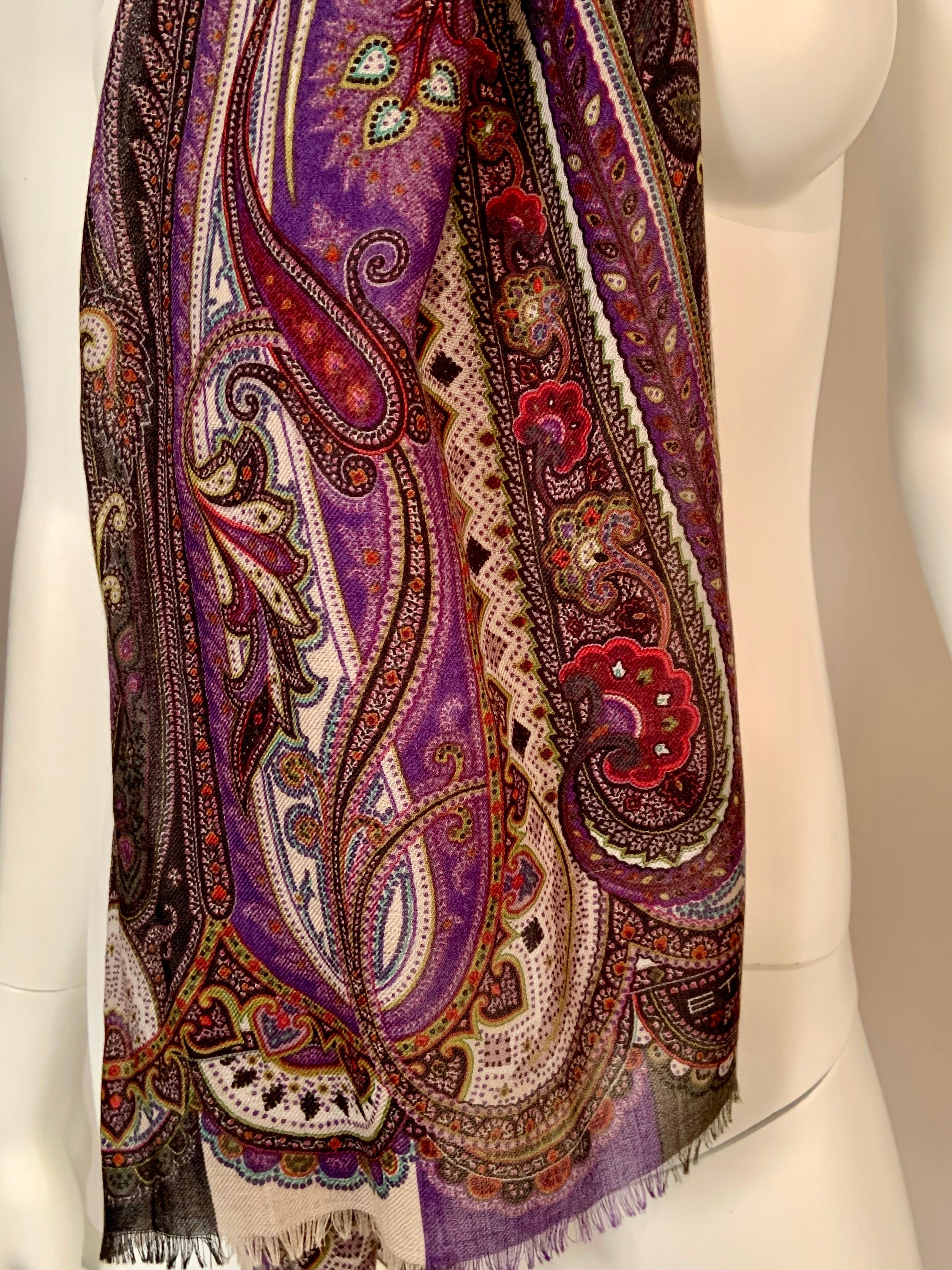 Beige Etro Purple Paisley Wool and Silk Shawl