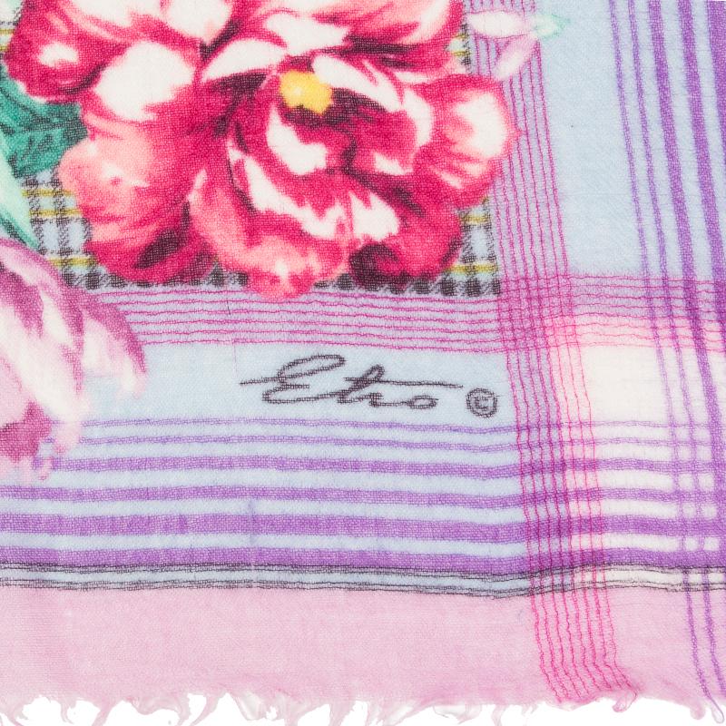 Gray ETRO purple pink FLORAL & PLAID cashmere Oblong Scarf Shawl For Sale
