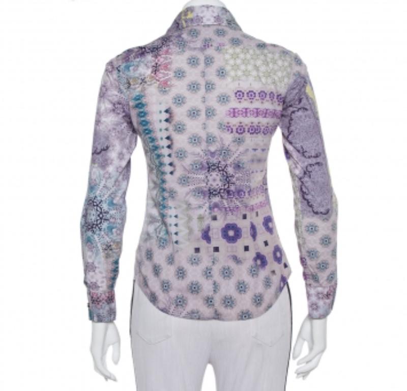 Gray Etro Purple Printed Cotton Button Front Fitted Shirt S For Sale