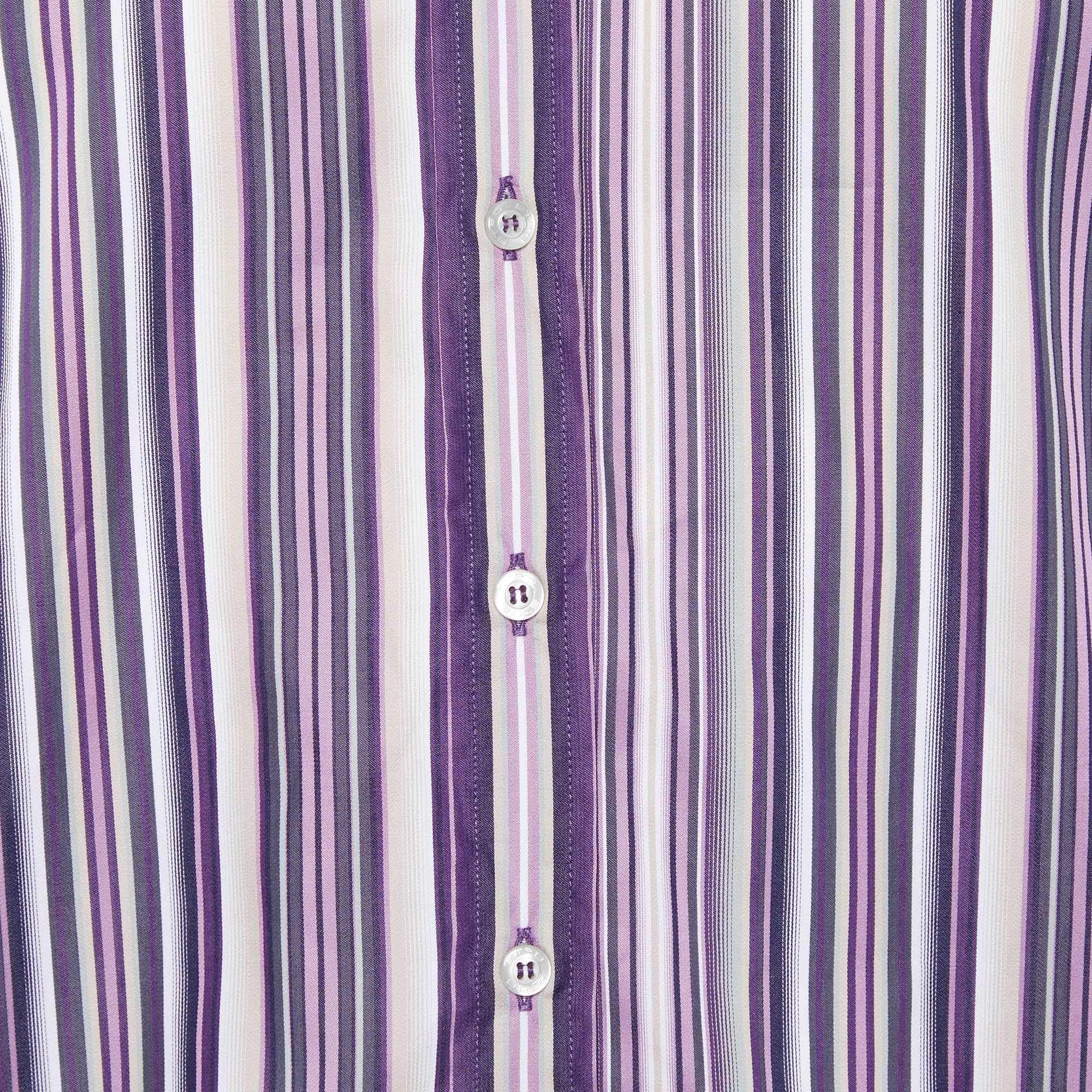 Gray Etro Purple Striped Cotton Button Front Shirt L For Sale