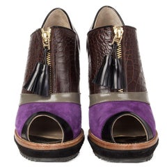 ETRO purple suede EMBOSSED OPEN TOE PLATFORM Ankle Boots Shoes 37