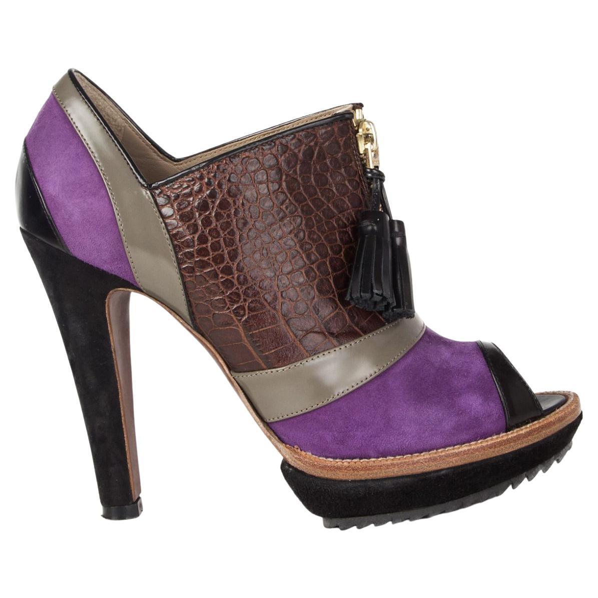 ETRO purple suede EMBOSSED OPEN TOE PLATFORM Ankle Boots Shoes 37 For Sale