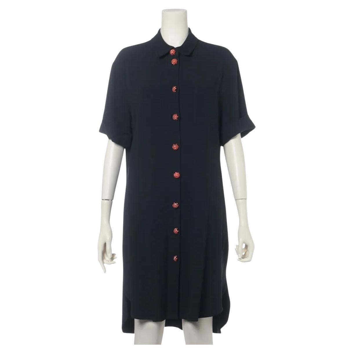 Etro, camicia in rayon con bottoni arancioni e strass, abito al ginocchio nero in vendita