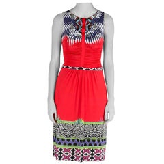 Etro Red Abstract Print Stretch Knit Ruched Front Sleeveless Midi Dress M
