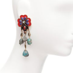 ETRO red blue enamel flower drop stone gold drop clip on earrings pair