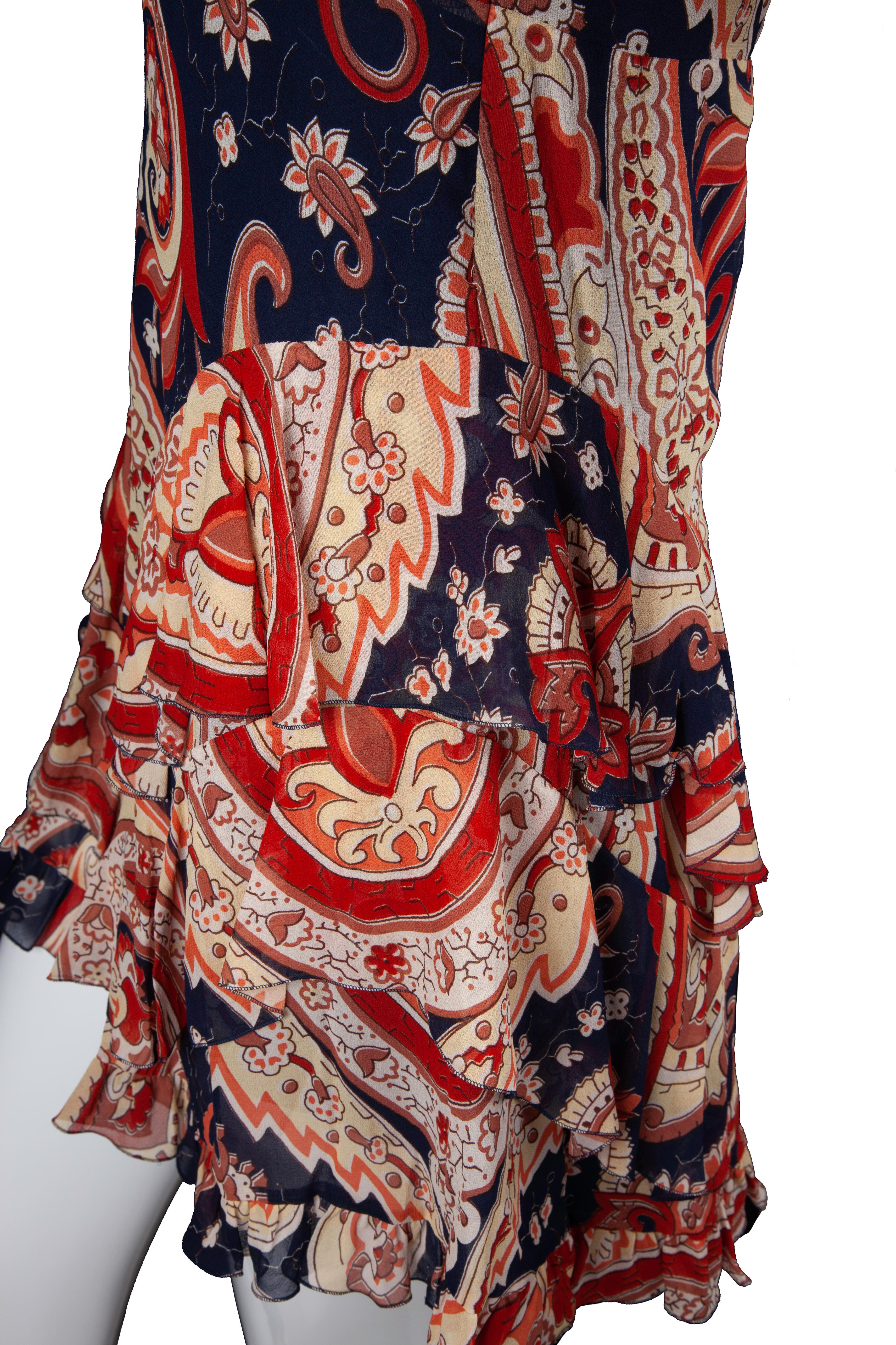 Etro Runway Rot & Blau Paisley V-Ausschnitt gestreiftes Rüschen-Seidenkleid Größe 42 im Zustand „Neu“ in Paradise Island, BS
