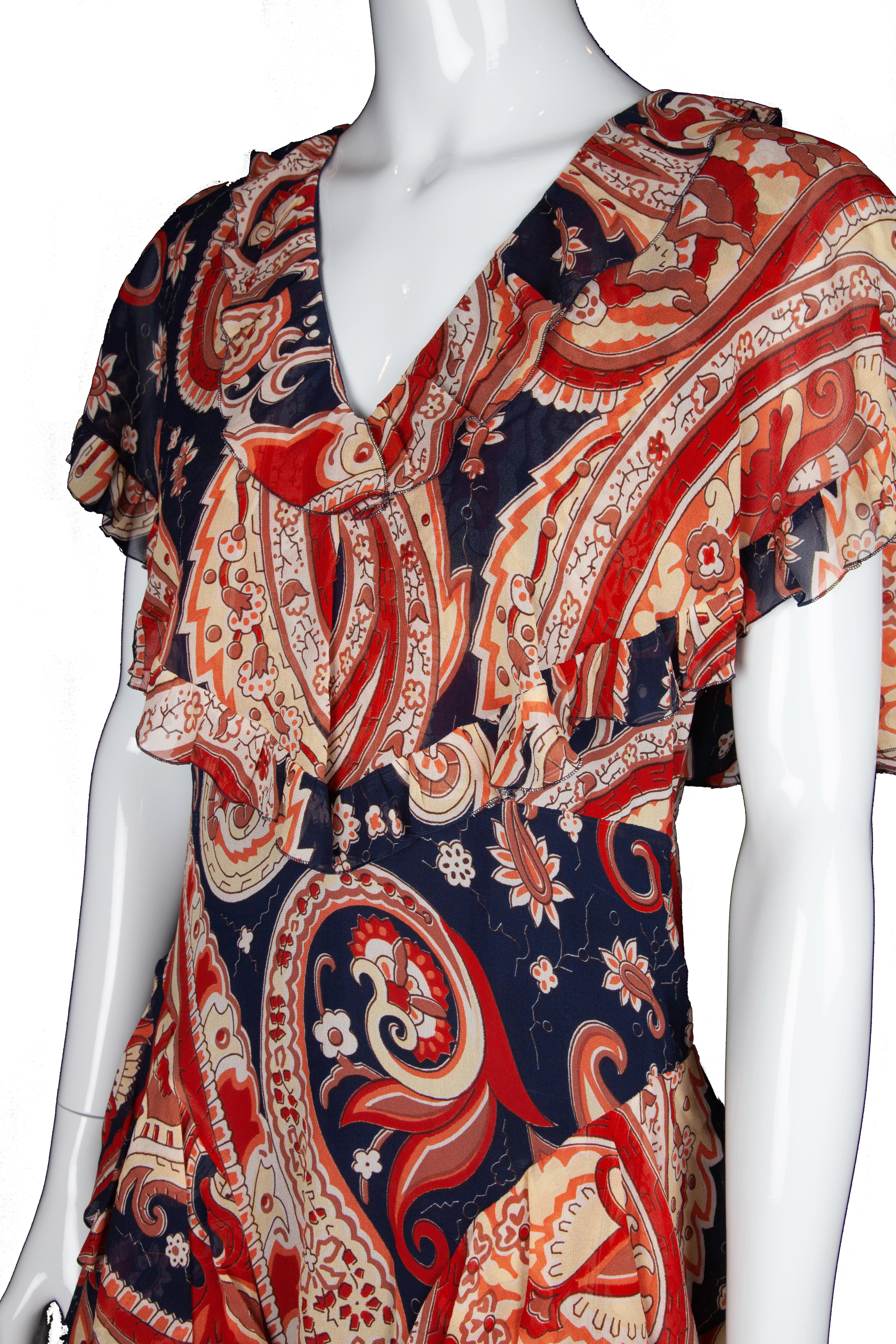 Etro Runway Rot & Blau Paisley V-Ausschnitt gestreiftes Rüschen-Seidenkleid Größe 42 Damen