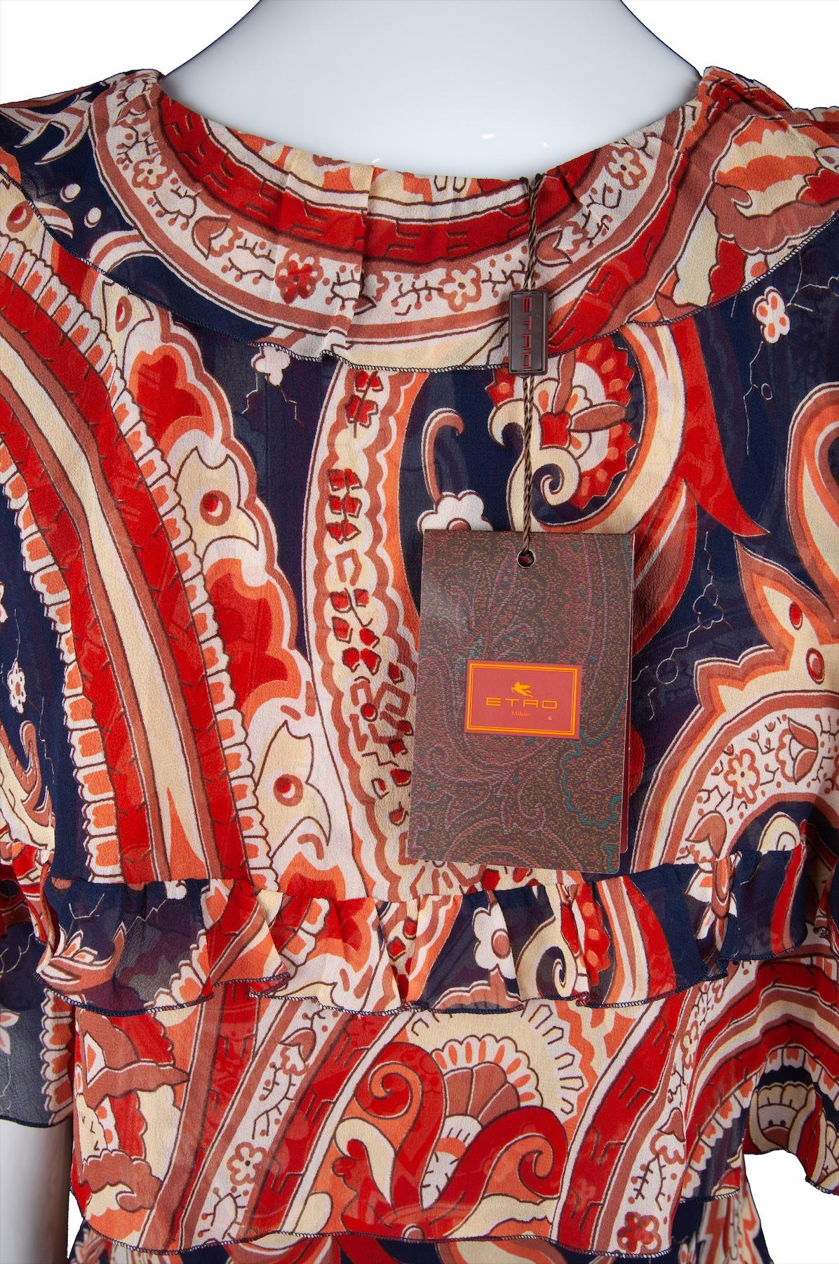 Etro Runway Rot & Blau Paisley V-Ausschnitt gestreiftes Rüschen-Seidenkleid Größe 42 1