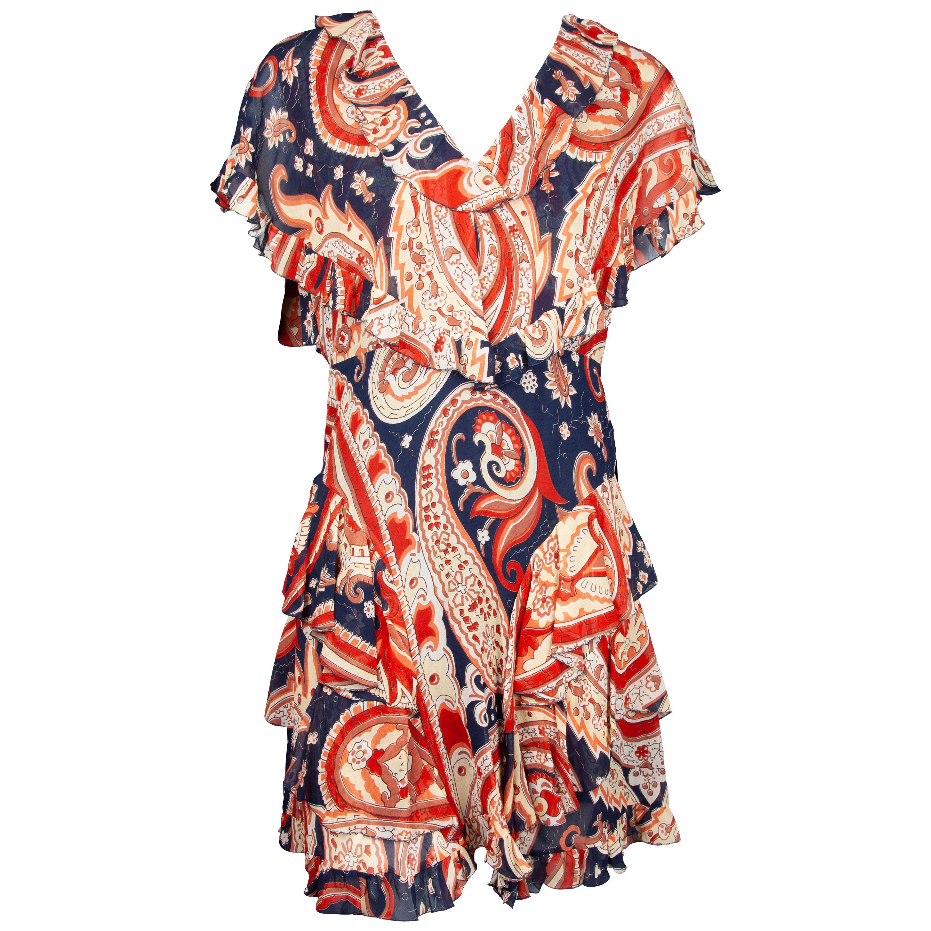 Etro Runway Red & Blue Paisley V-Neck Tiered Ruffle Silk Dress Size 42