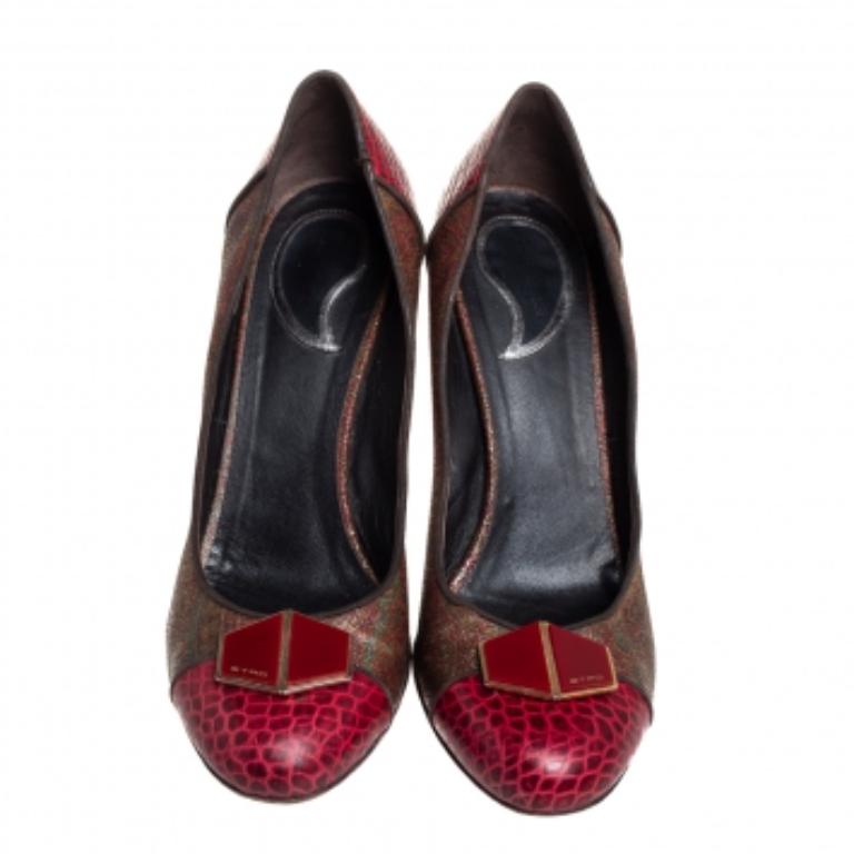 Women's Etro Red/Brown Croc Embossed And Coated Canvas Bow Detail Pumps Size 40 For Sale