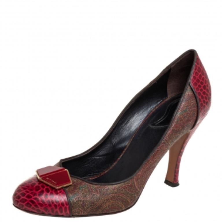 Etro Red/Brown Croc Embossed And Coated Canvas Bow Detail Pumps Size 40 For Sale 1