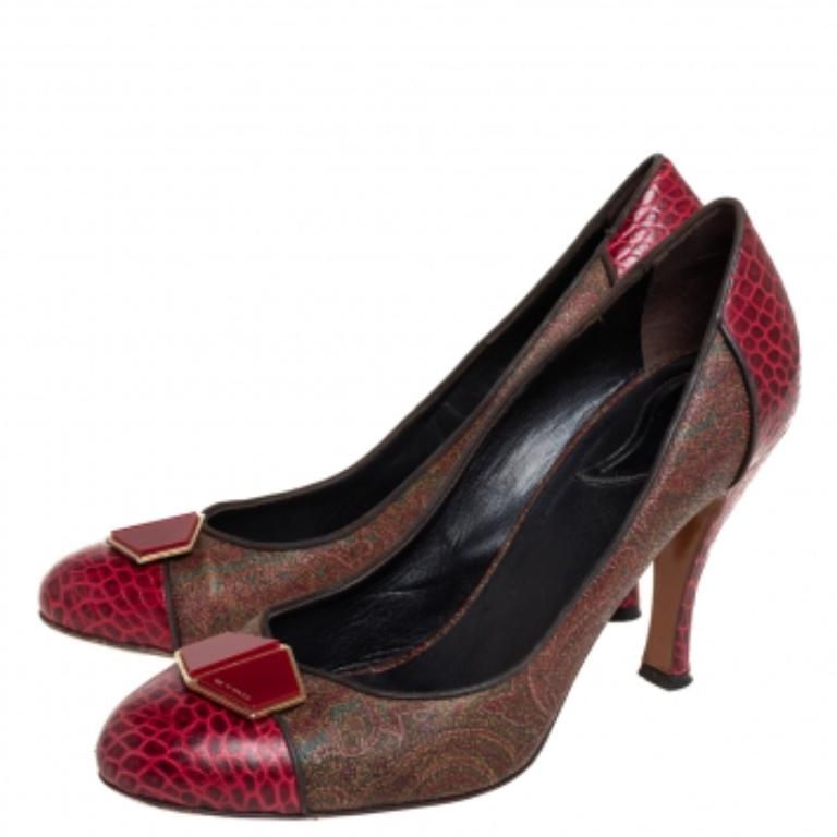 Etro Red/Brown Croc Embossed And Coated Canvas Bow Detail Pumps Size 40 For Sale 2