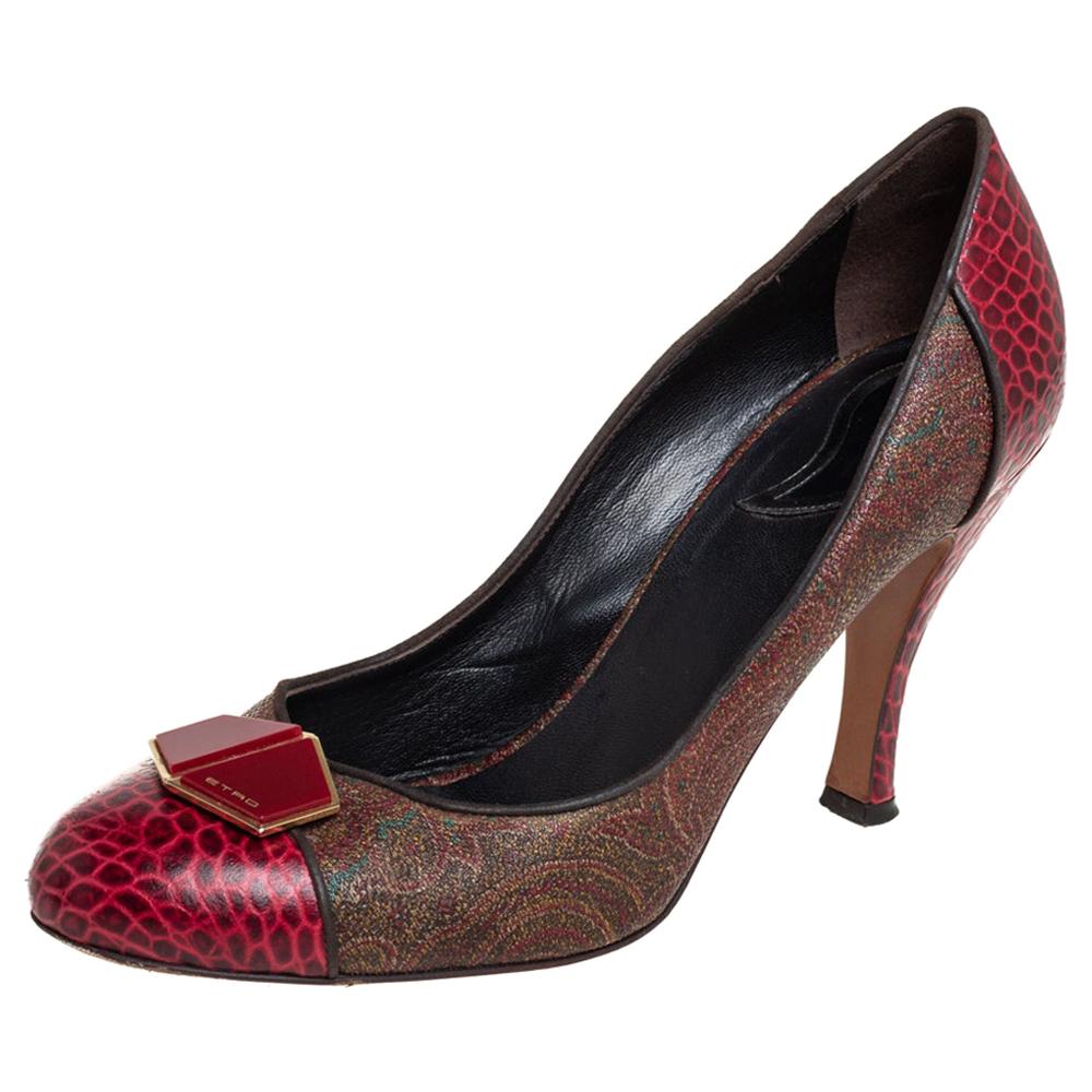 Etro Red/Brown Croc Embossed And Coated Canvas Bow Detail Pumps Size 40 For Sale