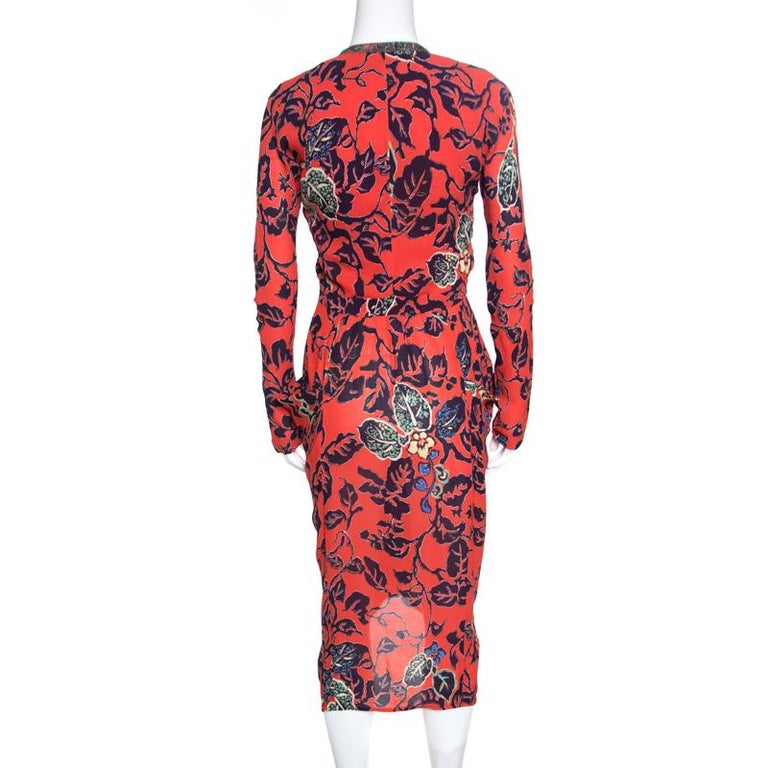 Etro Red Floral Print Embellished Plunge Neck Detail Draped Midi Dress ...