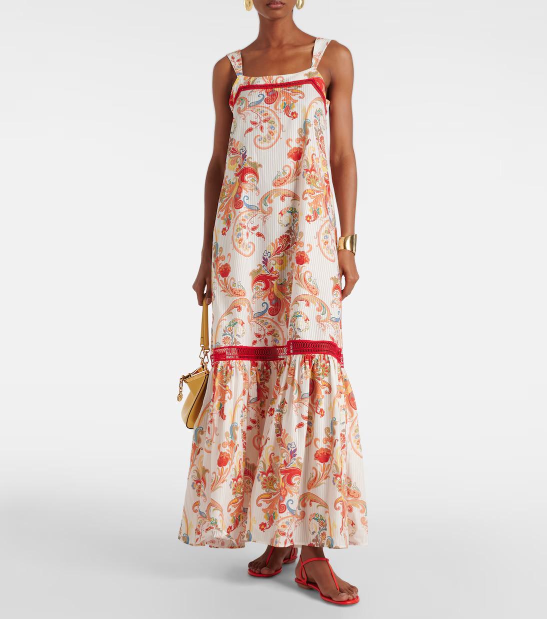 ETRO red & orange cotton silk 2024 CROCHET TRIM PAISLEY MAXI Dress S For Sale 2