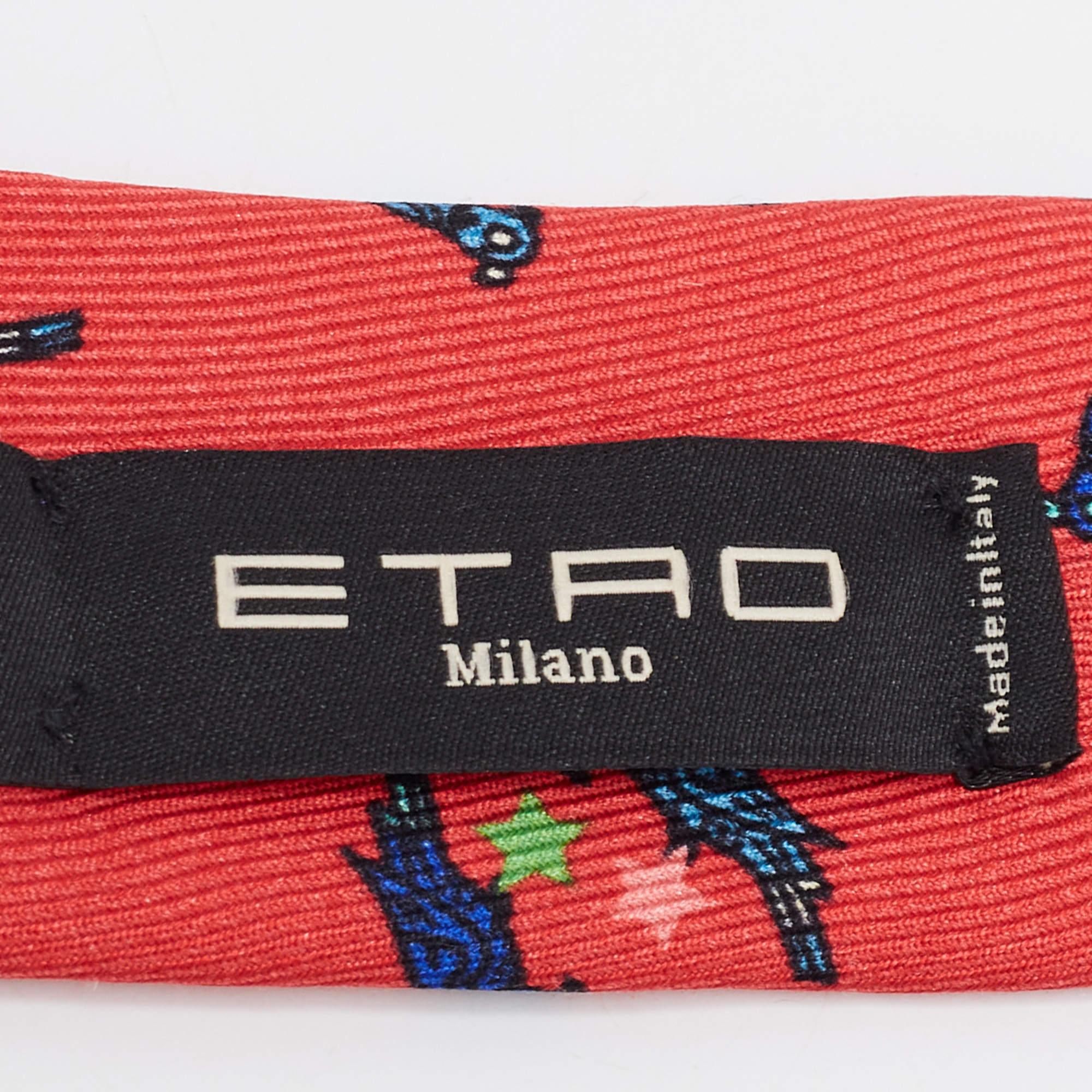 Orange Etro Red Paisley & Bird Print Silk Tie For Sale