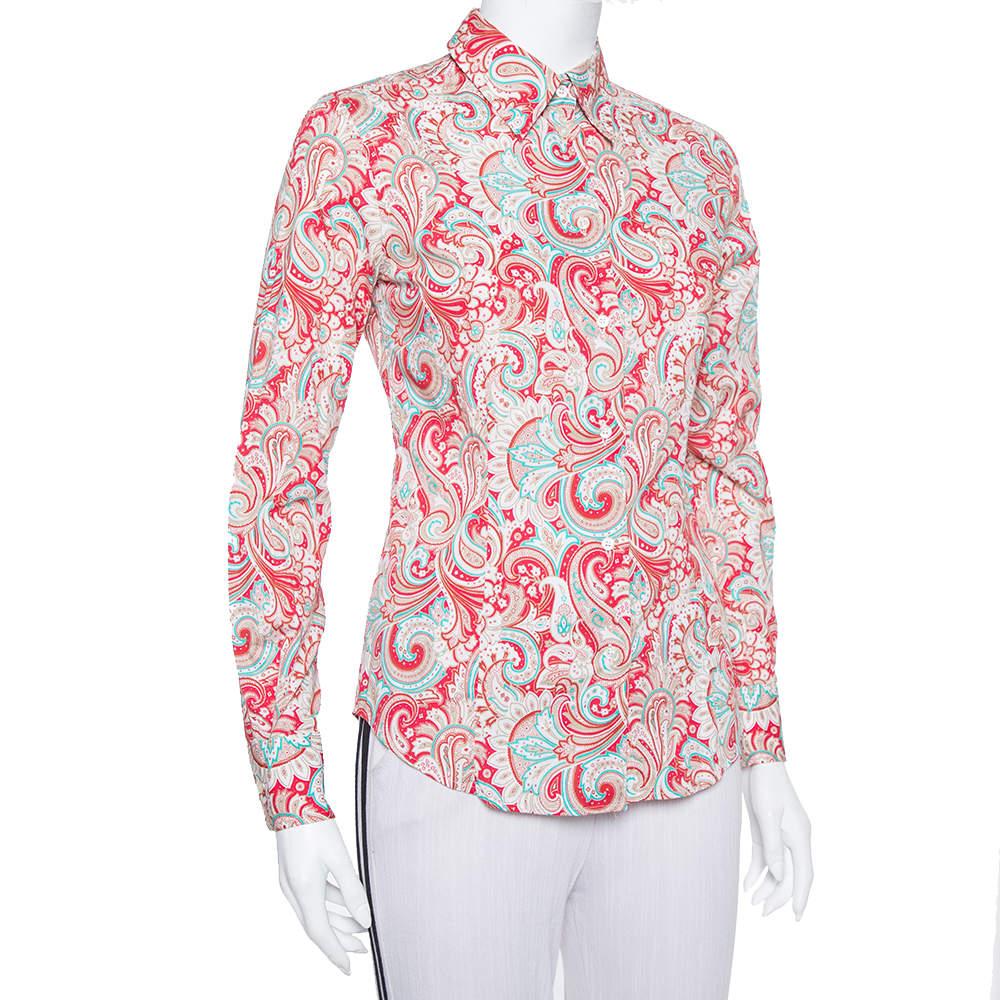 Beige Etro Red Paisley Printed Stretch Cotton Button Front Shirt S