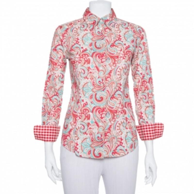 Beige Etro Red Paisley Printed Stretch Cotton Button Front Shirt S For Sale