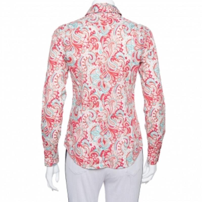 Women's Etro Red Paisley Printed Stretch Cotton Button Front Shirt S For Sale