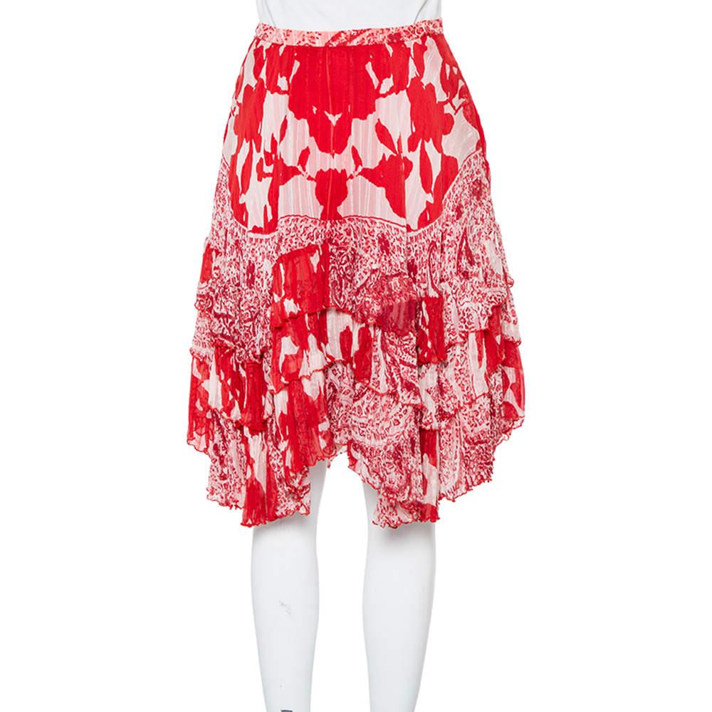 Etro Red Printed Silk Tiered Mini Skirt S In Excellent Condition In Dubai, Al Qouz 2