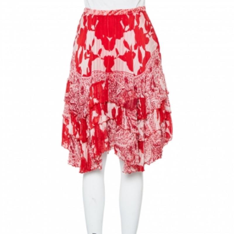 Etro Red Printed Silk Tiered Mini Skirt S In Excellent Condition For Sale In Dubai, Al Qouz 2