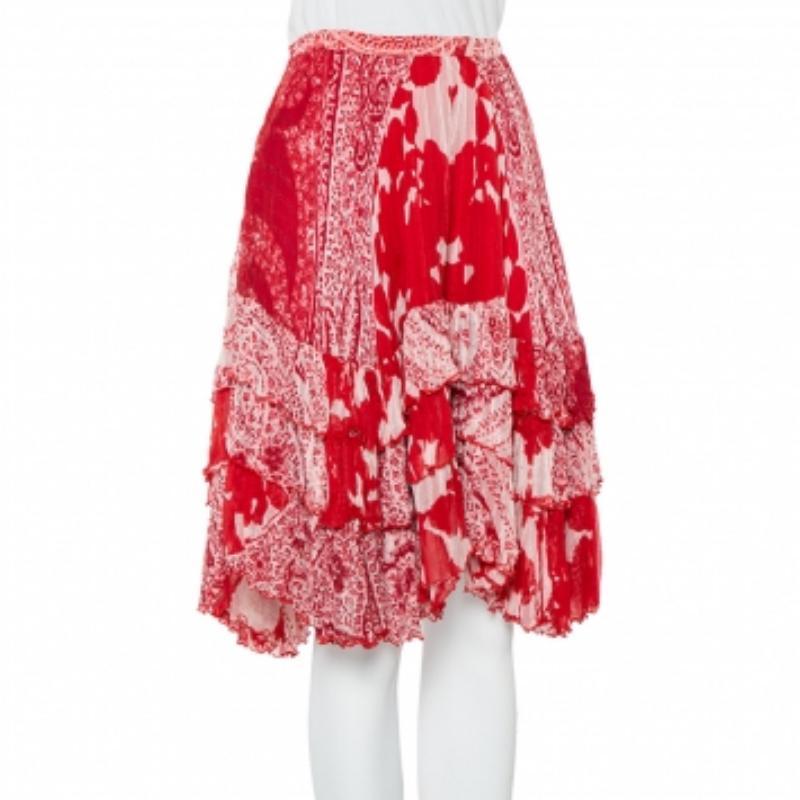 Women's Etro Red Printed Silk Tiered Mini Skirt S For Sale
