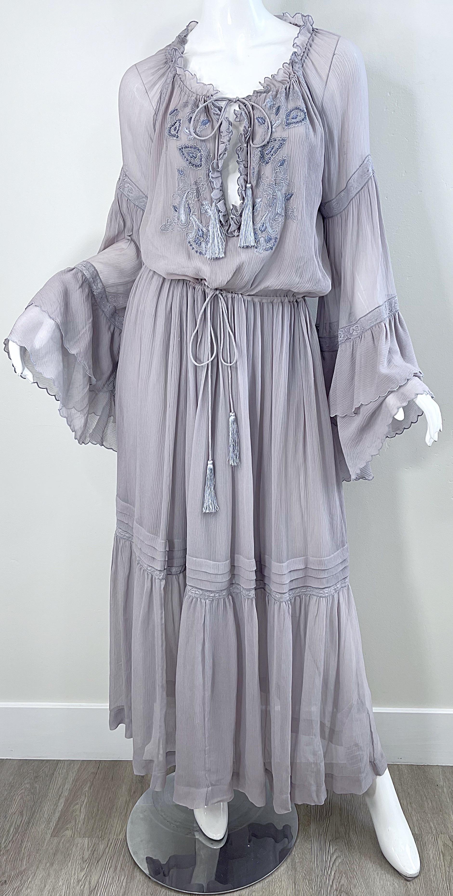 ETRO Resort 2020 Grey Silk Chiffon Gauze 70s Boho Style Bell Sleeve Maxi Dress For Sale 6