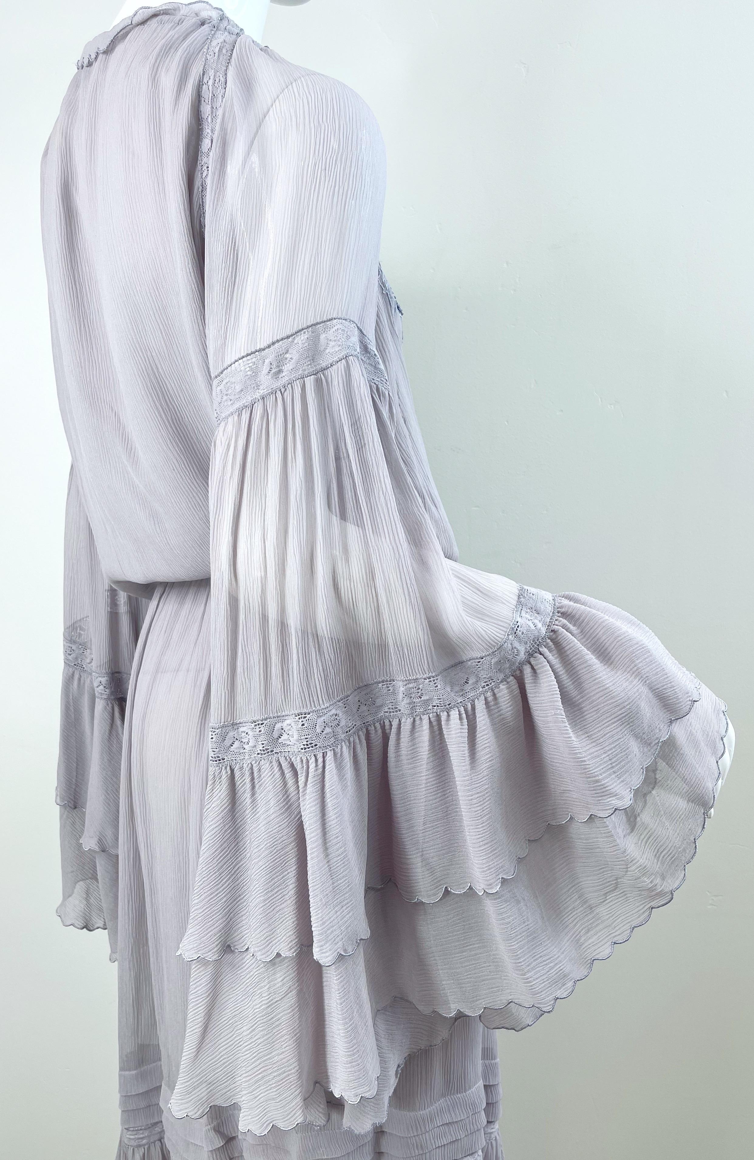 ETRO Resort 2020 Grey Silk Chiffon Gauze 70s Boho Style Bell Sleeve Maxi Dress For Sale 8