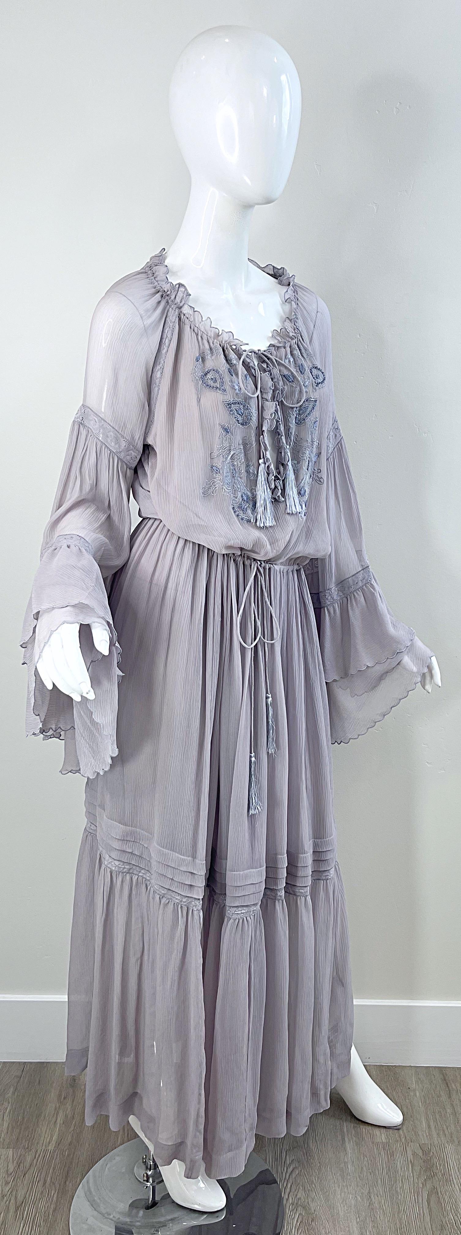 ETRO Resort 2020 Grey Silk Chiffon Gauze 70s Boho Style Bell Sleeve Maxi Dress For Sale 9