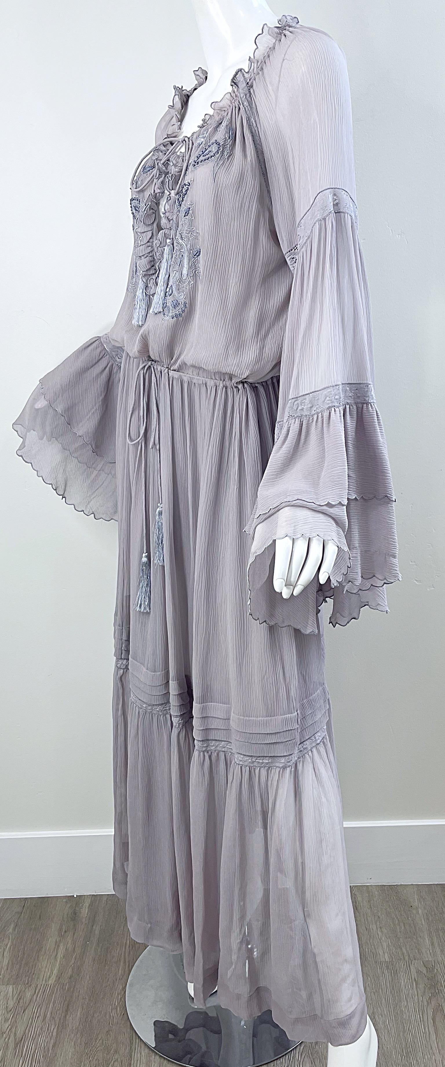 ETRO Resort 2020 Grey Silk Chiffon Gauze 70s Boho Style Bell Sleeve Maxi Dress For Sale 11