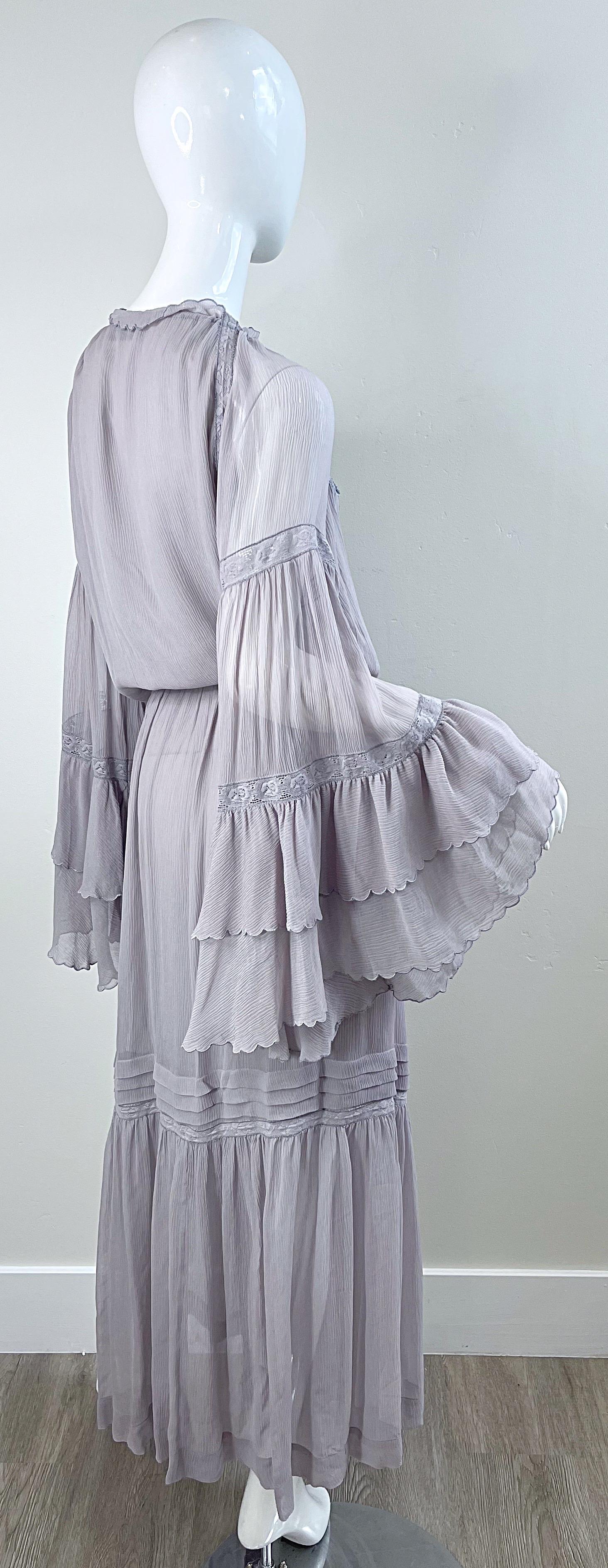 ETRO Resort 2020 Grey Silk Chiffon Gauze 70s Boho Style Bell Sleeve Maxi Dress For Sale 12