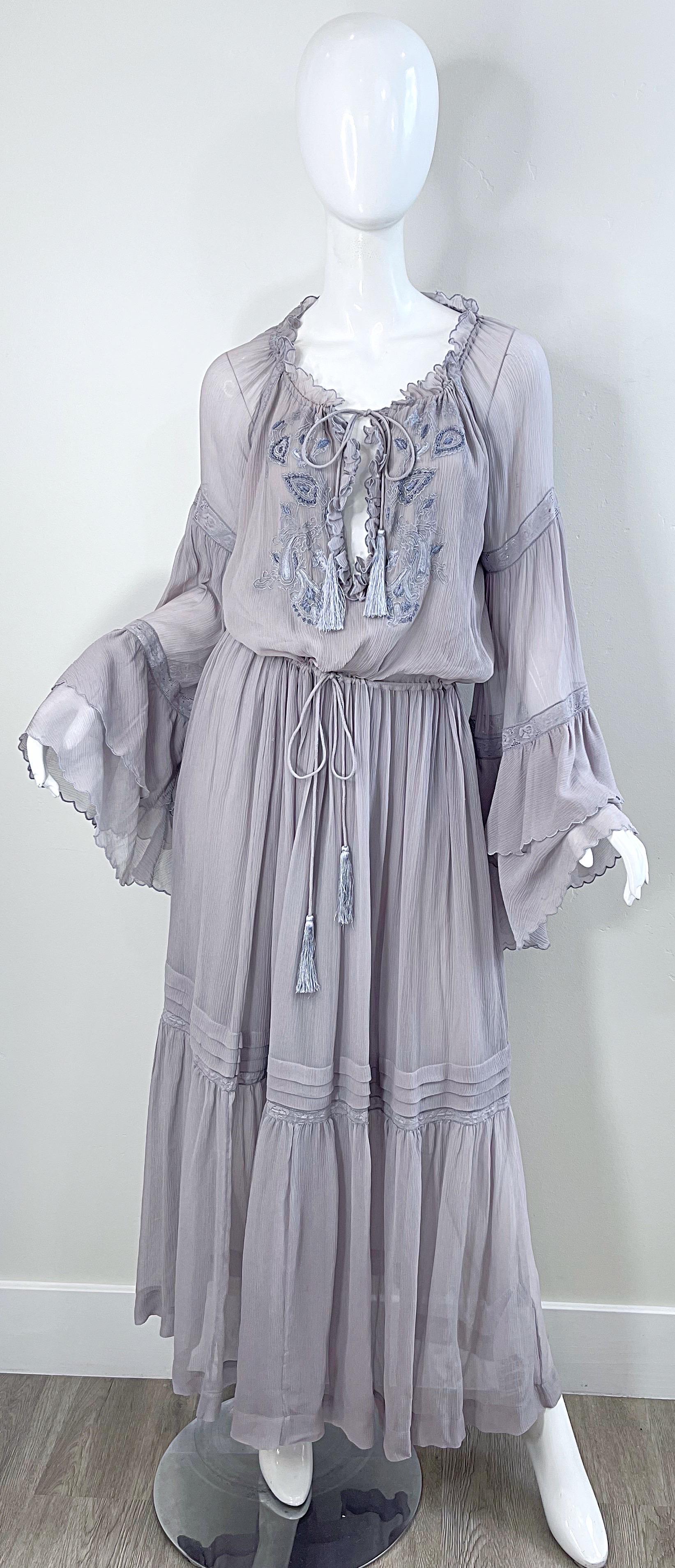 ETRO Resort 2020 Grey Silk Chiffon Gauze 70s Boho Style Bell Sleeve Maxi Dress For Sale 13