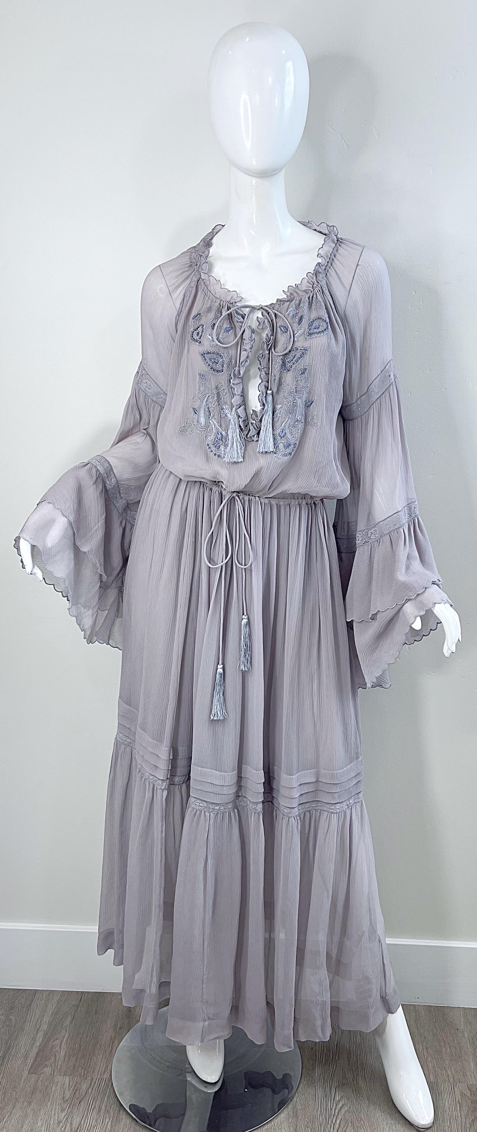 ETRO Resort 2020 Grey Silk Chiffon Gauze 70s Boho Style Bell Sleeve Maxi Dress In Excellent Condition For Sale In San Diego, CA