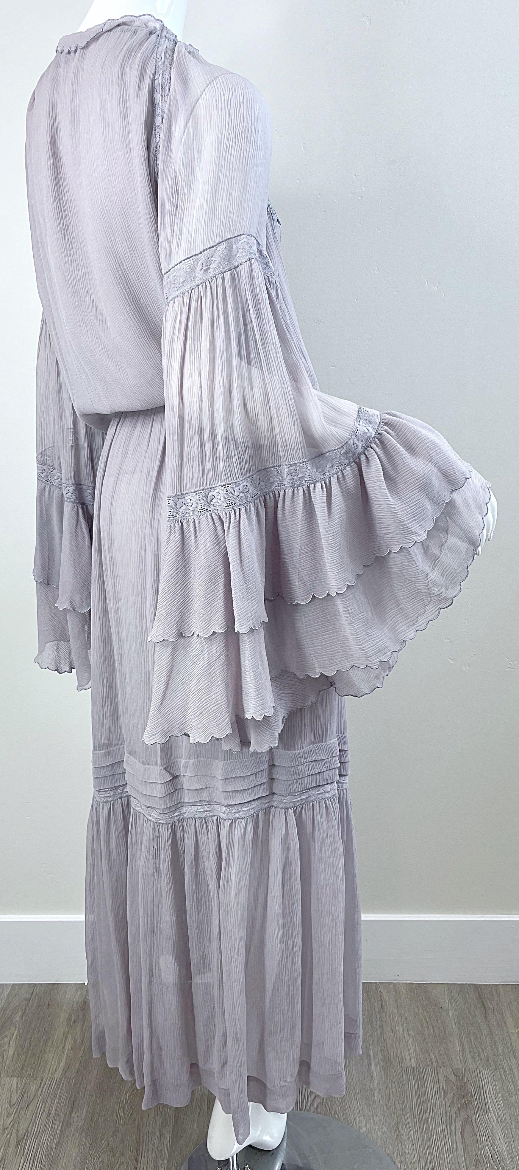 ETRO Resort 2020 Grey Silk Chiffon Gauze 70s Boho Style Bell Sleeve Maxi Dress For Sale 2