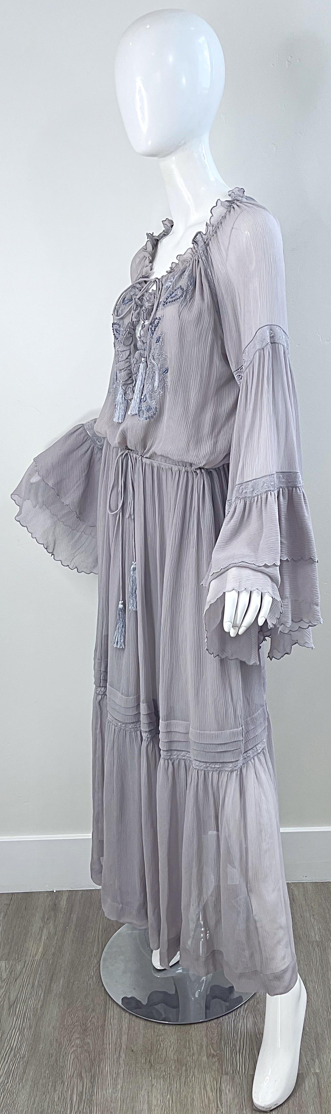 ETRO Resort 2020 Grey Silk Chiffon Gauze 70s Boho Style Bell Sleeve Maxi Dress For Sale 3
